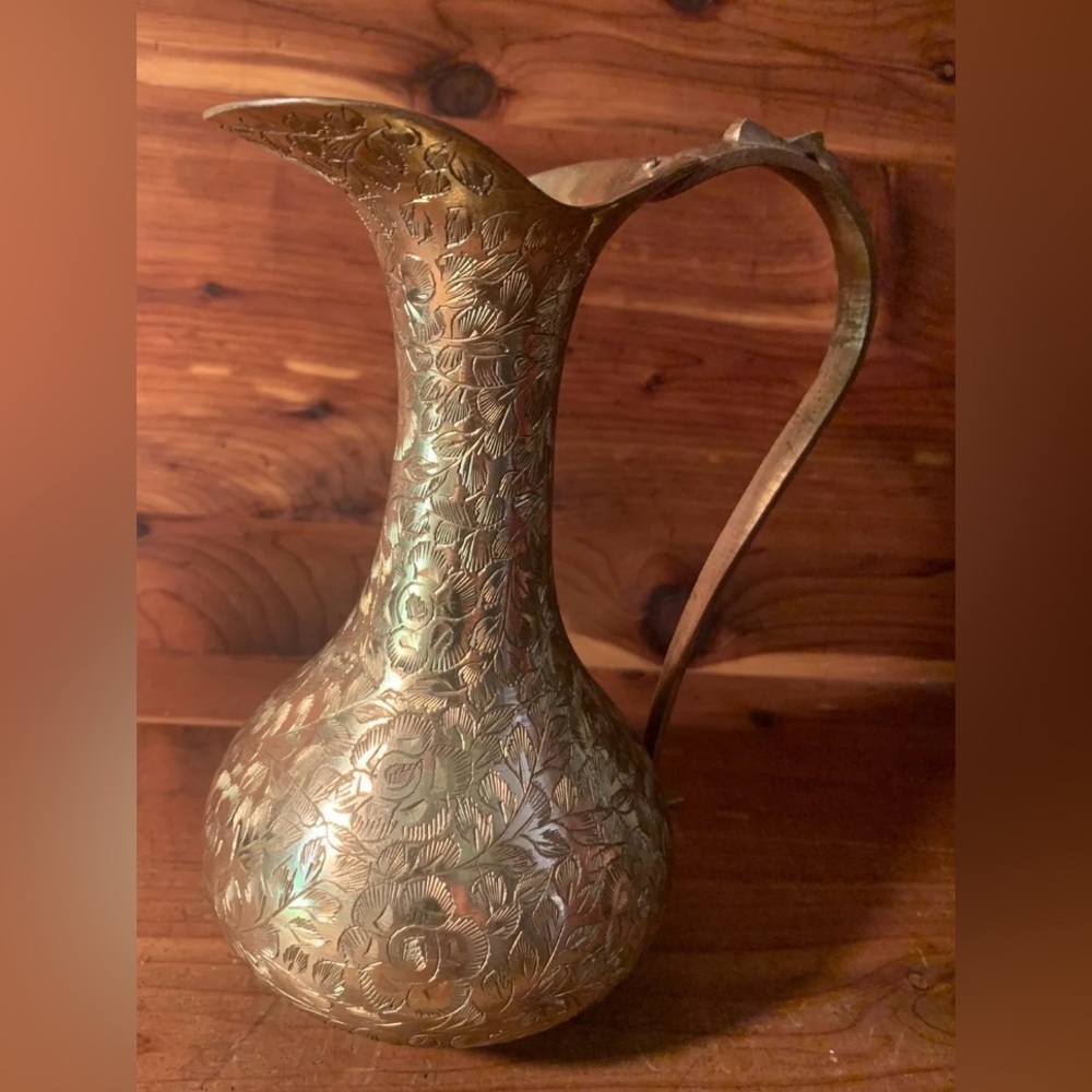 Vintage Etched India Brass 7” Pitcher - Picture 2 of 11